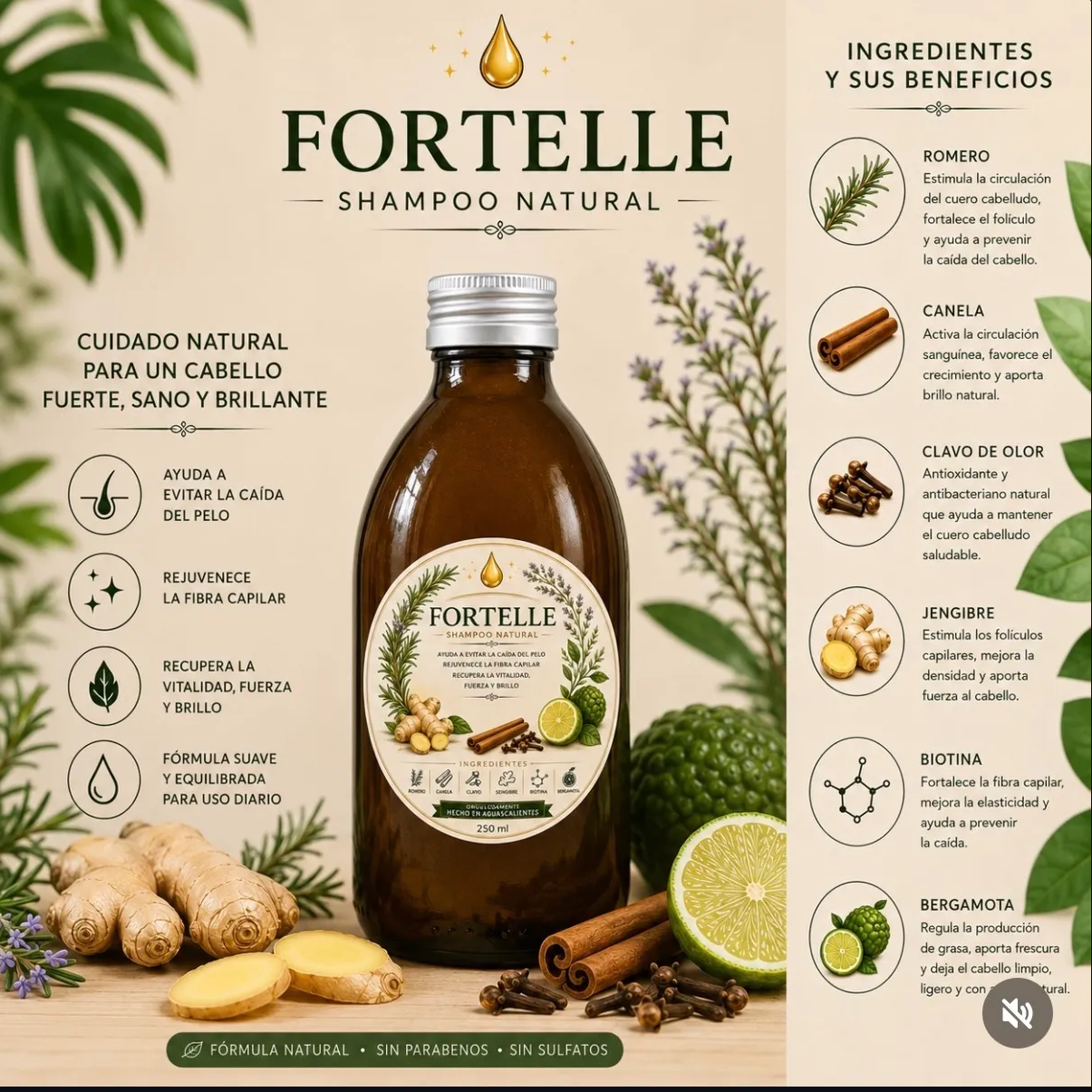 Botella de Fortelle Shampoo Natural rodeada de ingredientes botánicos